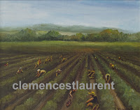 Ile d'Orleans, 8 x 10 oil painting by Clemence St. Laurent - pickers in strawberry fields, a main part of this island's economy