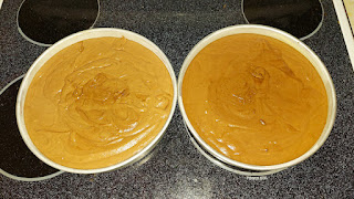 Picture of two round cake pans overfilled with chocolate cake batter.