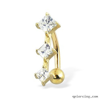 14K solid yellow gold reversed belly button ring with three square CZ