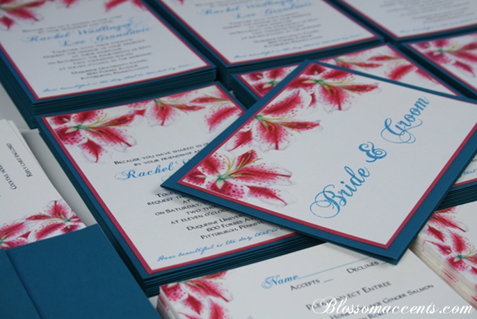 Teal and Pink WeddingStargazer Lily Invitaiton