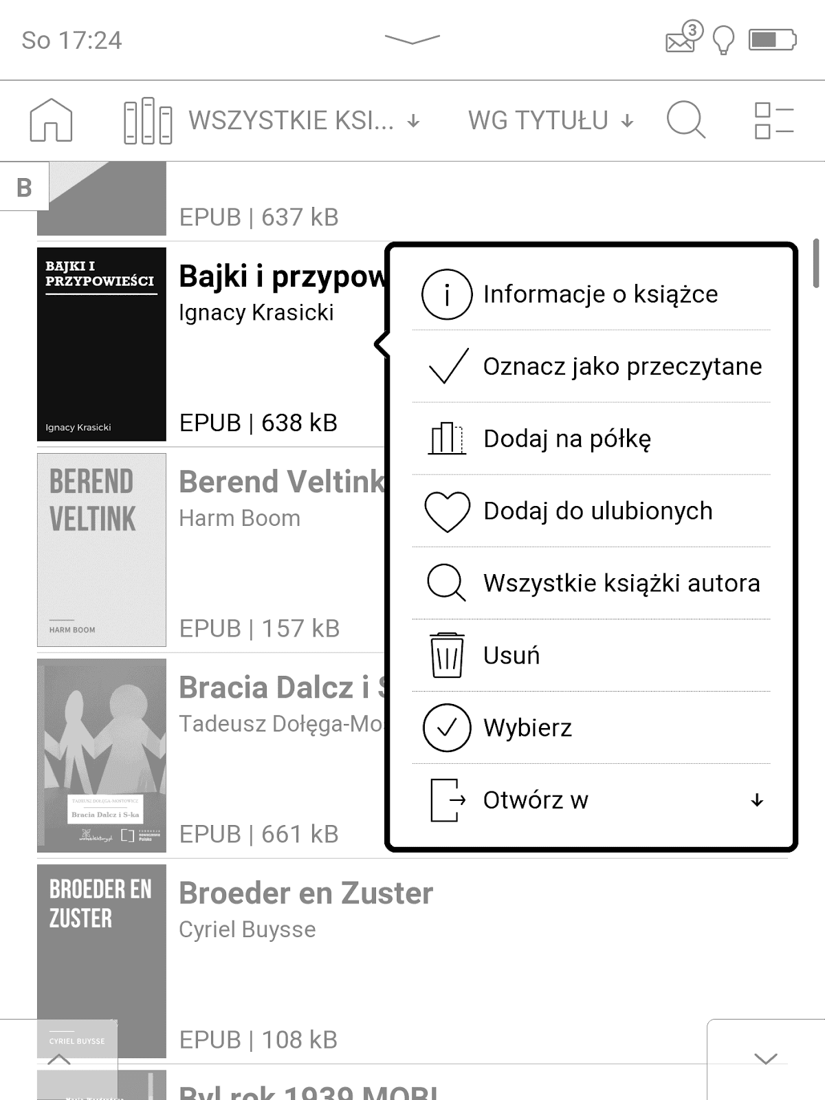 PocketBook InkPad 4 – mwnu wyświatlane po przytrzymaniu palca na ikonie e-booka z biblitoki