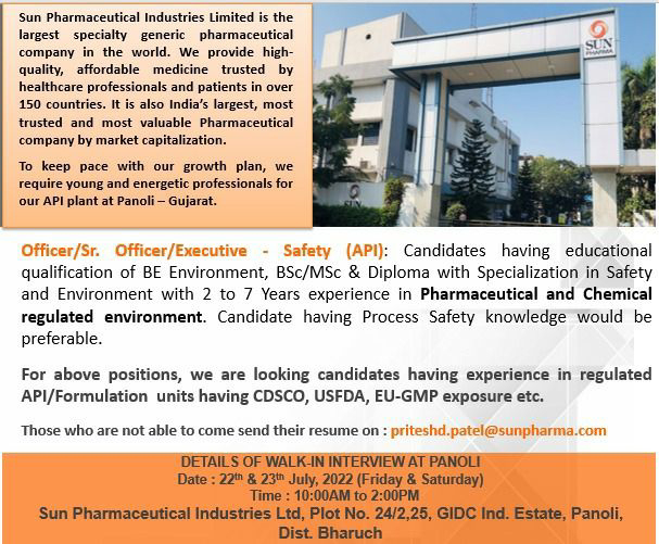 Job Available's for Sun Pharmaceutical Industries Ltd Walk-In Interview for BE/ MSc/ BSc/ Diploma