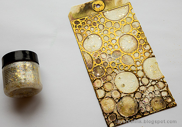Layers of ink - Foil and Flowers Tag Tutorial by Anna-Karin Evaldsson. Add Stickles glitter glue.