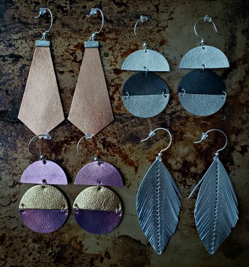 earrings, leather, metallic leather, jewelry, feathers, sterling silver