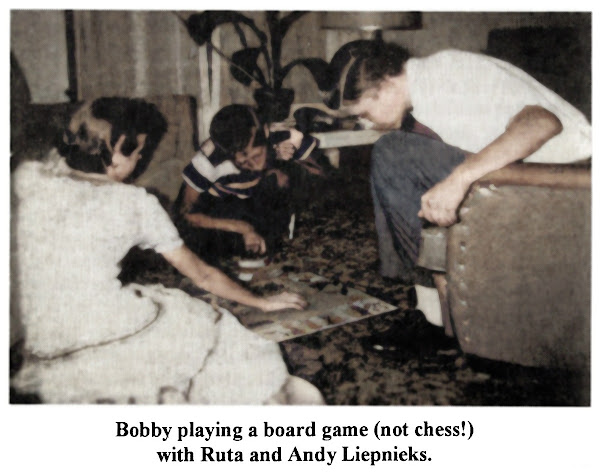 Bobby Fischer plays a board game with the young Liepnieks, children of the Lincoln, Nebraska Open Junior Championship.  Photo created approximately July 1955.