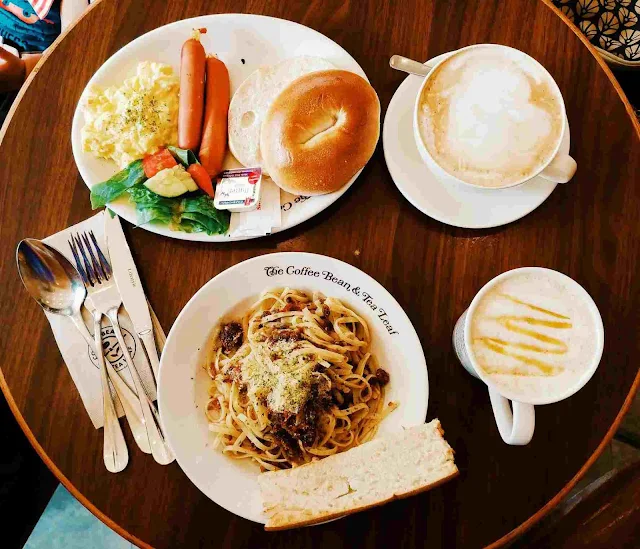 Breakfast spread like Brek O' Day and Sardine and Garlic Linguine at at The Coffee Bean and Tea Leaf