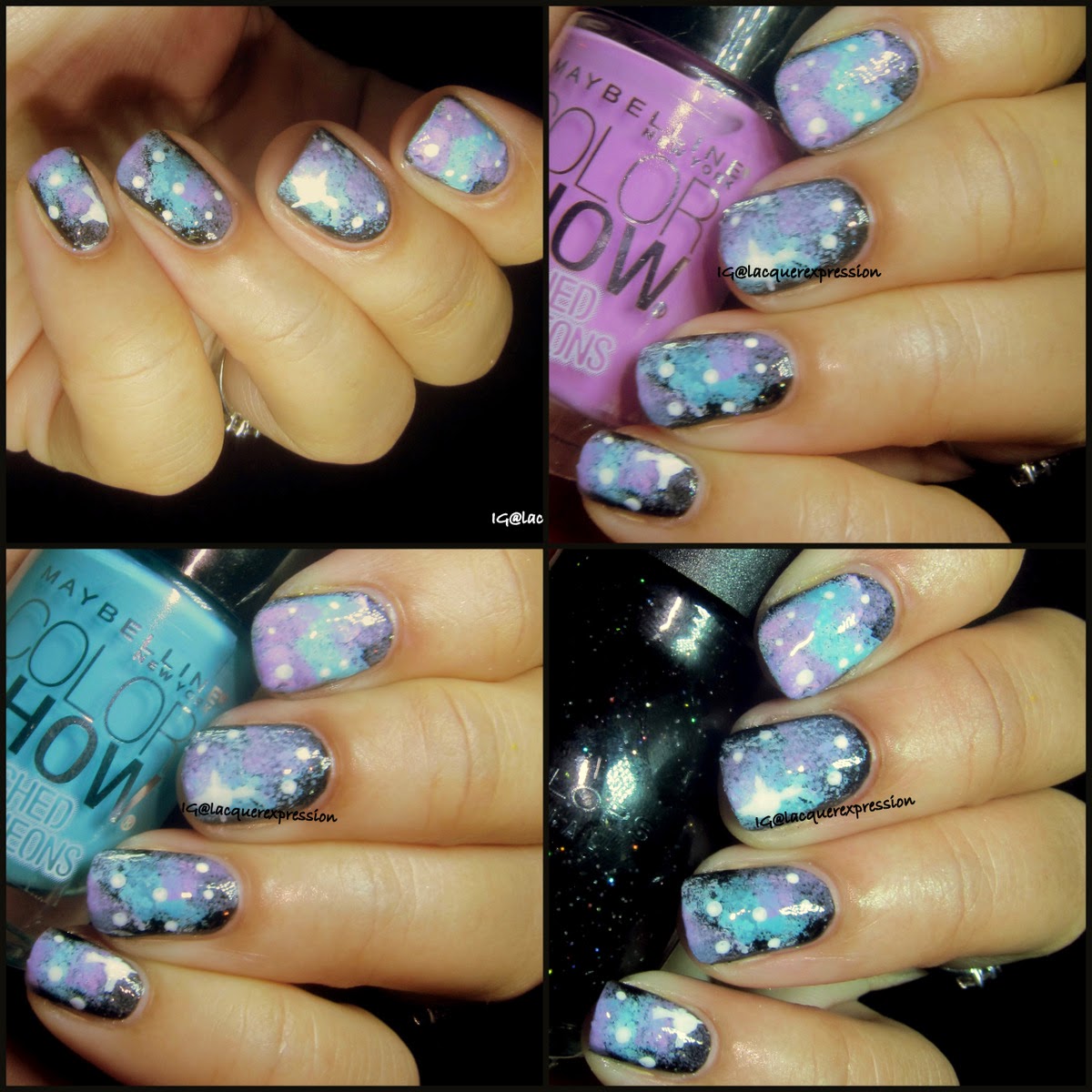Galaxy nail art using starry night polish by sinful colors and day glow teal and ultra violet polish by maybelline