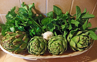 Artichokes in Basket with Parsley, Mint, and Garlic