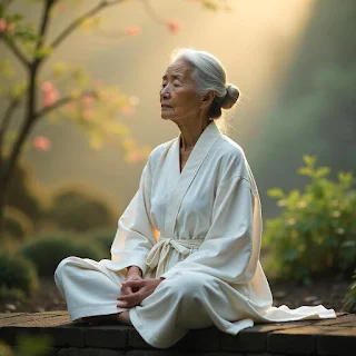 A serene elderly Asian woman with silver hair, dressed in a flowing white linen robe, meditating in a Zen garden at sunrise on a misty spring morning, embodying the paradox of control.