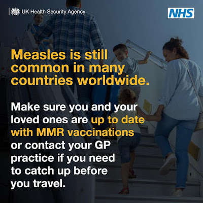 measles is common abroad get vaccinated and image of holidaying family climbing steps onto a plane