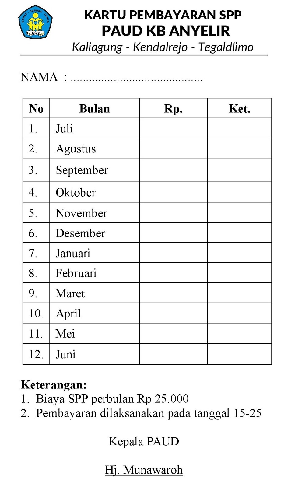 UPLUS CETAK: Contoh Kartu SPP PAUD TK KAB