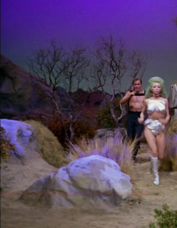Captain Kirk and Shahna jogging amongst purple grasses