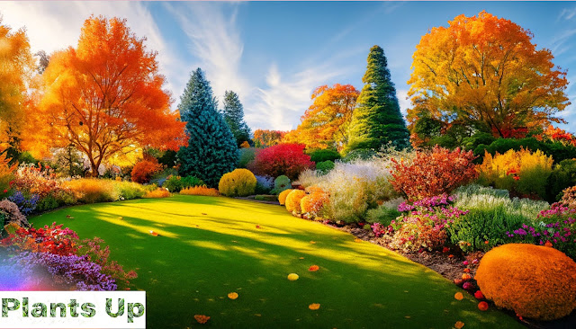 An image of a vibrant fall garden, with leaves in fiery reds, golden yellows, and burnt oranges, blooming flowers, and bountiful harvest, creating a stunning seasonal display.