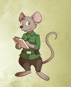 A mouse in a green shirt and brown pants holding a notepad and pencil.