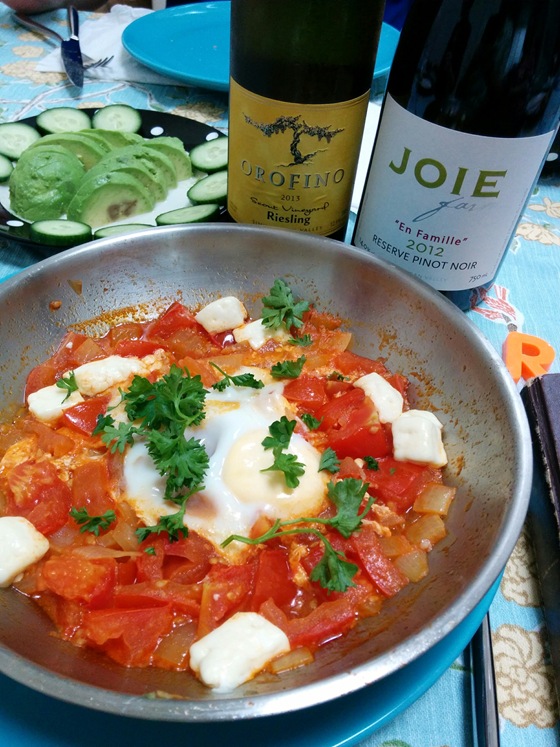 Orofino 2013 Scout Vineyard Riesling & JoieFarm 2012 Reserve Pinot Noir with Shakshuka