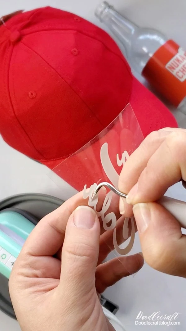 The tricky part is removing those little dots inside the letters--just go slow and remove those little bits.   Set the heat setting on the HTVRONT Hat Heat Press to 305* and set the timer to just 15 seconds--not a long time!