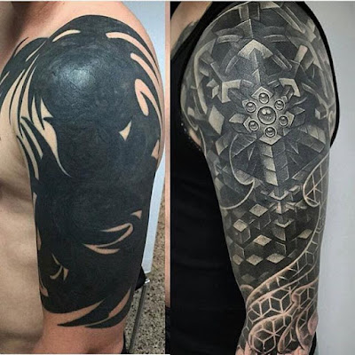 Cover Up Tattoo en el brazo derecho de un hombre, tatuaje en blanco y negro