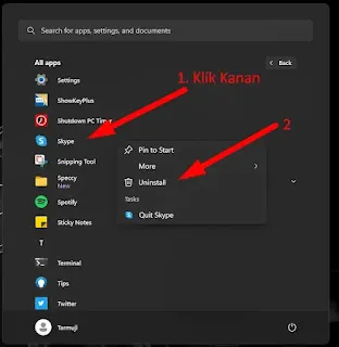Uninstall Skype Lewat Start