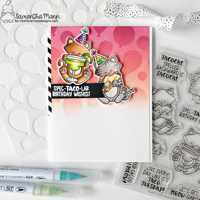Taco Cat Birthday Card by Samantha Mann | Newton Loves Tacos Stamp Set and Balloons Stencil by Newton’s Nook Designs #newtonsnook