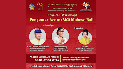 Santy Sastra Public Speaking Berbahasa Bali di Kriyaloka Pangenter Acara Mabasa Bali Bulan Bahasa Bali 2021 Dr. Drs. I Nyoman Suwija, M