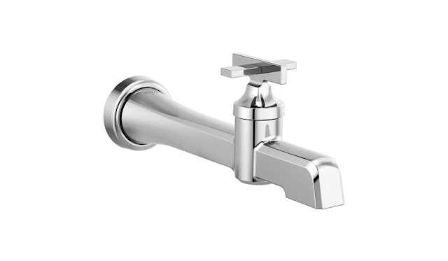 Wall mounted single hole spout style bathroom faucet in chrome.