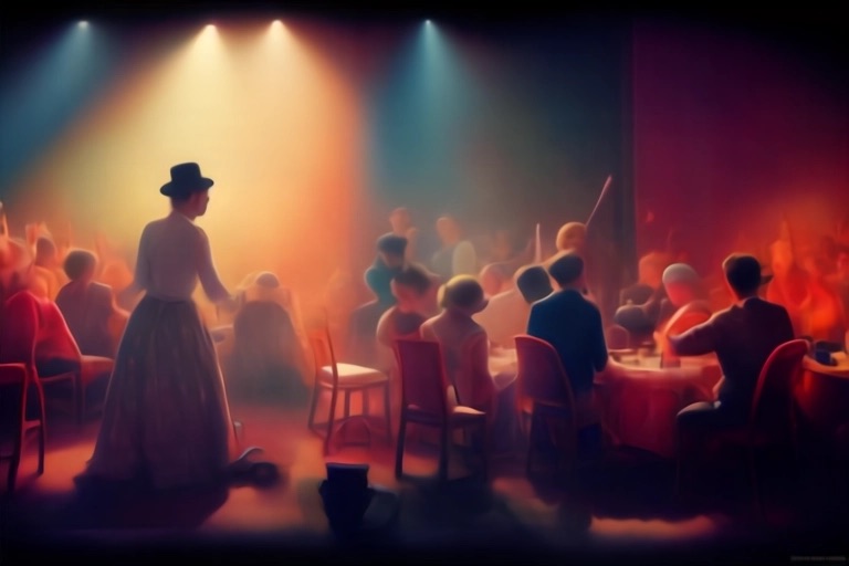 hazy scene of a cabaret performer wearing a dress performing for patrons in a full venue under shafts of light
