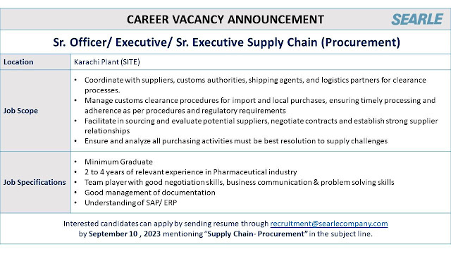 SEARLE Co Latest Jobs in Karachi Sr Officer / Executive / Sr Executive Supply Chain (Procurement) 2023