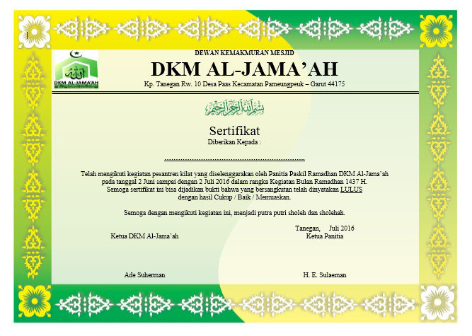 Download Contoh Sertifikat PASKIL Ramadhan format Word 