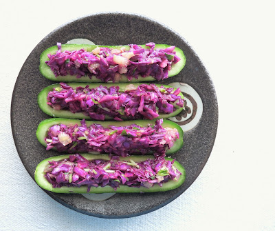 Red Cabbage Slaw in Cucumber Boats