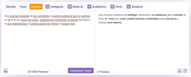 Parafraseartextos.net modo Creativo