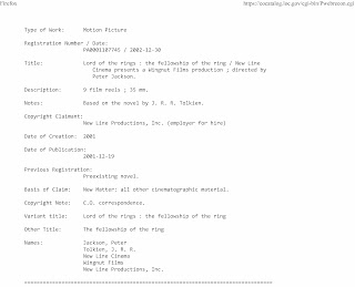 The Copyright.gov record for the registration of the first live-action Lord of the Rings movie