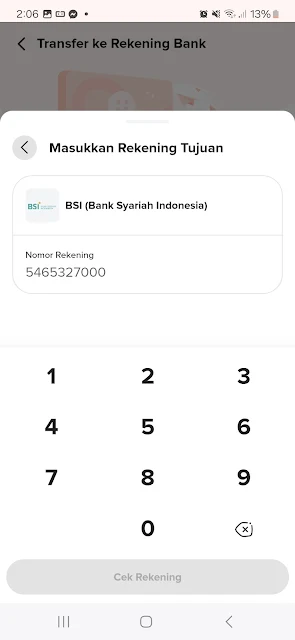 masukan nomor rekening BSI ke aplikasi Flip