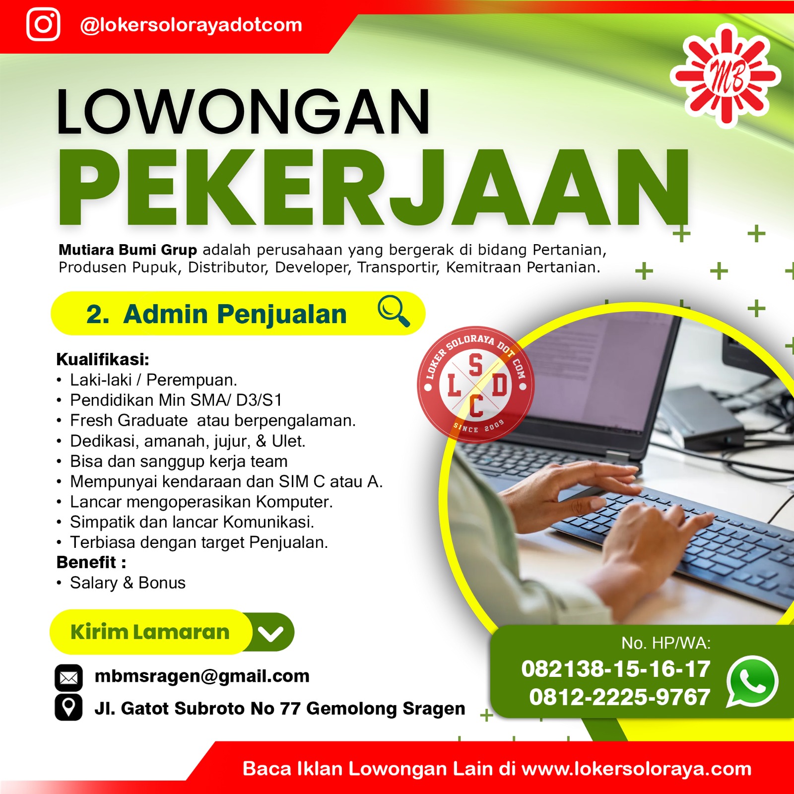 Loker Agronomis dan Admin Penjualan Mutiara Bumi Grup Sragen