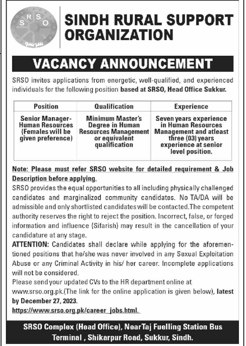 Jobs in Sindh Rural Support Organization