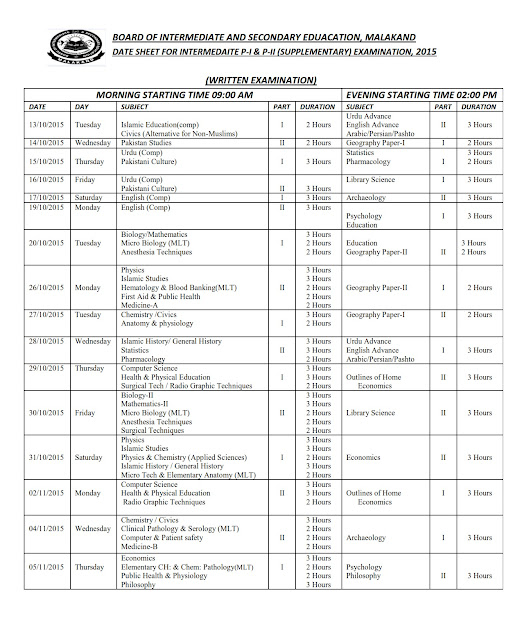 Board of Intermediate And Secondary Education, Malakand Date Sheet Of Supplementary HSC Exams 2015