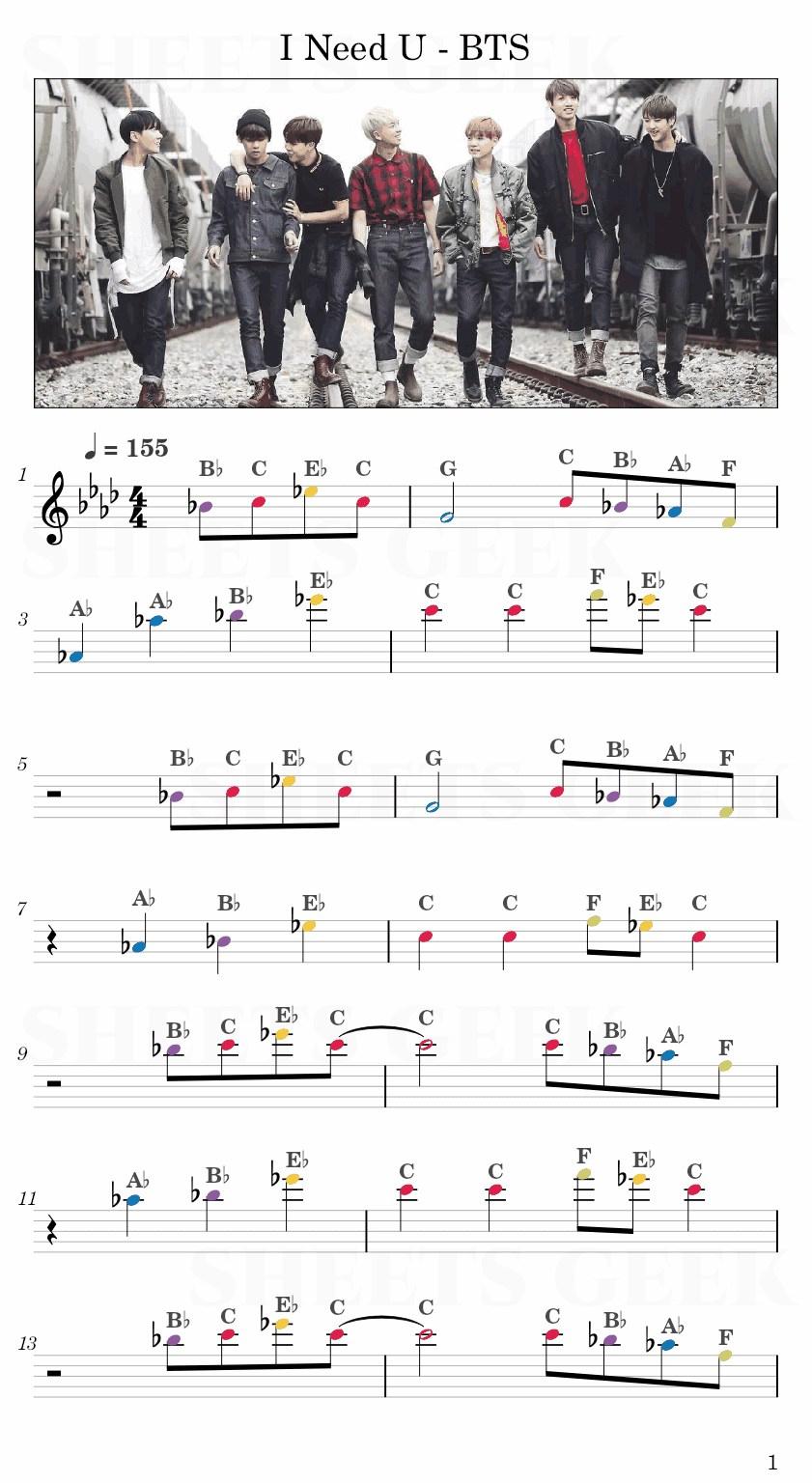 I Need U - BTS Easy Sheet Music Free for piano, keyboard, flute, violin, sax, cello page 1