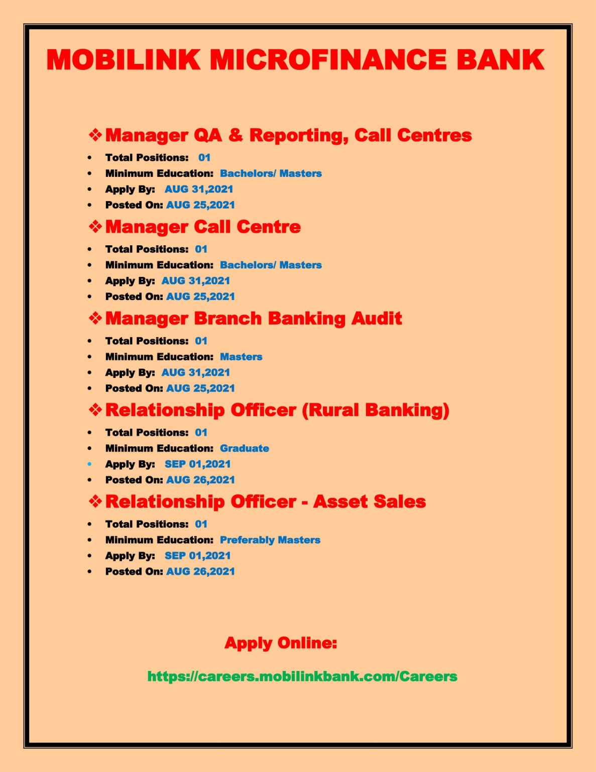 Mobilink Bank Jobs 2021-Jobs In Mobilink Microfinance Bank-Apply Online