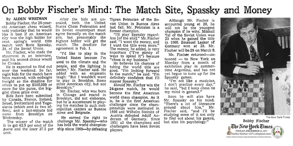 On Bobby Fischer's Mind: The Match Site, Spassky and Money