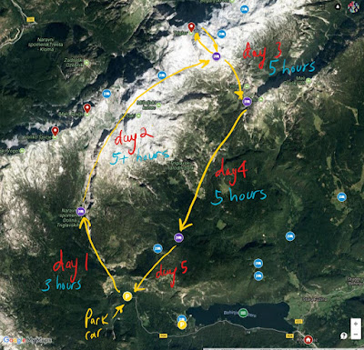 A sketch of what we had planned. The only deviation from planned was staying the night at Koča na Doliču instead of Dom Planika pod Triglavom.