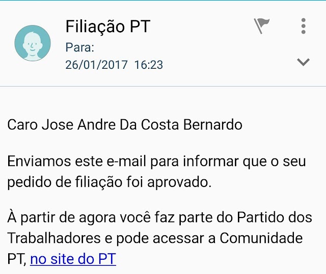 ANDRÉ BERNARDO VOLTA A SER MEMBRO DO PT DA TERRA DE PAPACAÇA