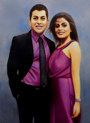 photo to oil painting on canvas, beautiful indian couple oil painting from photo, newly married couple, bride in purple sleeve less sexy outfit and groom in purple shirt black coat pant free download hd image