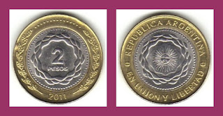 A24 ARGENTINA 2 PESOS BI-METAL COMMEMORATIVE COIN AUNC (2010-2016)