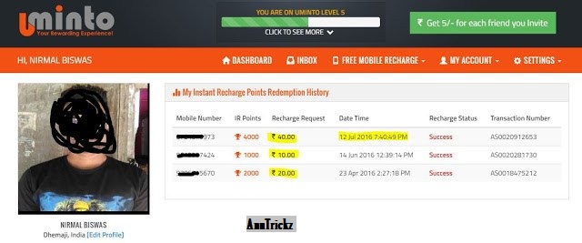 Uminto Website : Get 9000 Points On Signup And 5 Per Refer{Unlimited Trick + Proof Added}