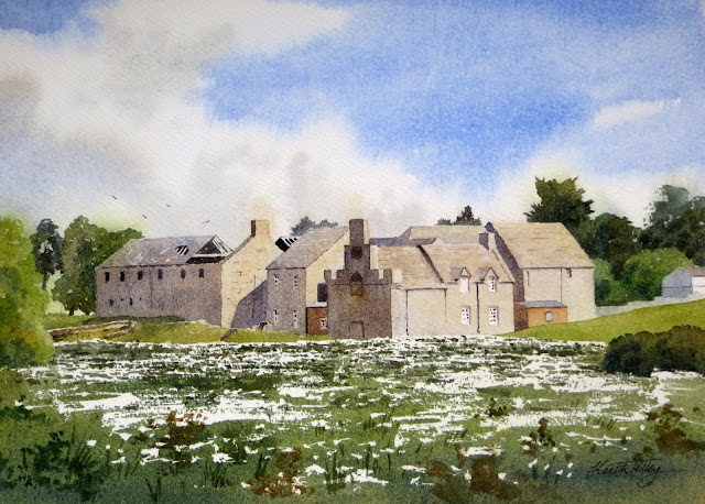 Watercolour painting of old mill buildings in sunshine, with open area in foreground with patches of white cotton grass.