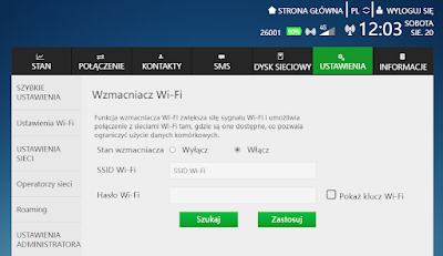 Niebieskie tło a na nim otwarte ustawienia odpowiedzialne za wzmacnianie Wi-Fi tutaj można podać nazwę i hasło do WiFi w celu wzmocnienia jego zasięgu.