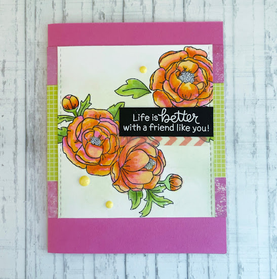Life is better with a friend like you by Donna features Peony Blooms and Porch Swing Friends by Newton's Nook Designs; #inkypaws, #newtonsnook, #friendshipcards, #cardmaking, #floralcards