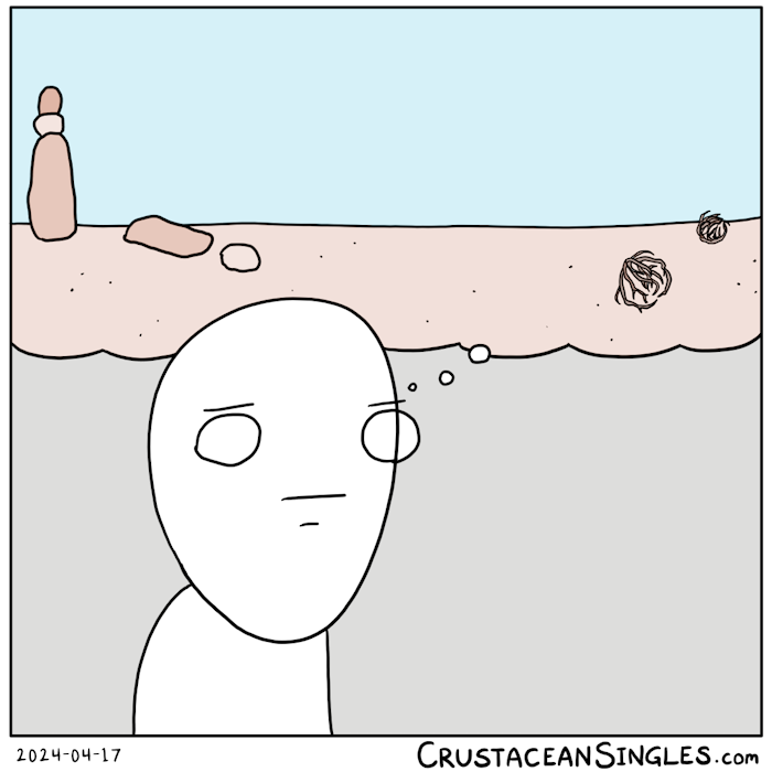 A person is thinking hard. Their thought bubble contains no words, only an image of a desert with a standing hoodoo, a toppled hoodoo, and a couple tumbleweeds.