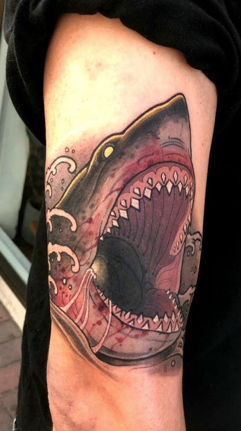 attacking-shark-colourful-arm-tattoo