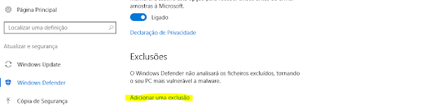 Exclusões Windows Defender