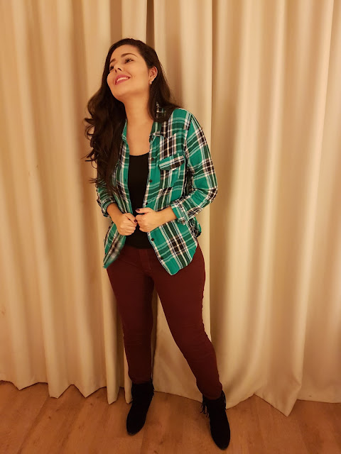 Look do dia | Camisa verde xadrez + calça vinho